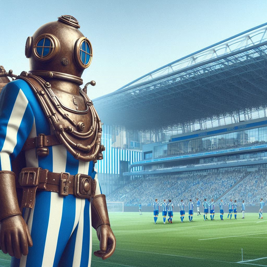 A man in an old fashioned diving suit with a helmet standing outside of a modern football sta...jpeg