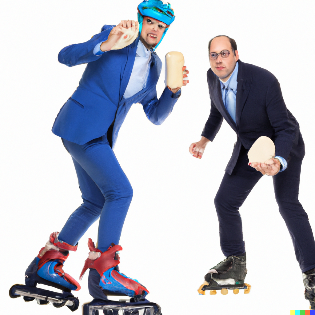DALL·E 2023-08-25 15.11.29 - two men wearing blue business suits and roller skates holding dough.png