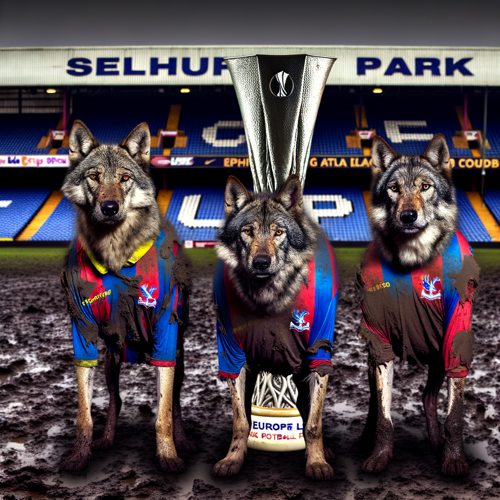 Three wolves wearing worn and tattered Crystal Palace football shirts stand side by side insid...png