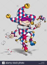 cartoon-illustration-of-a-dancing-jester-in-blue-red-and-white-diamond-HNRX9P.jpg